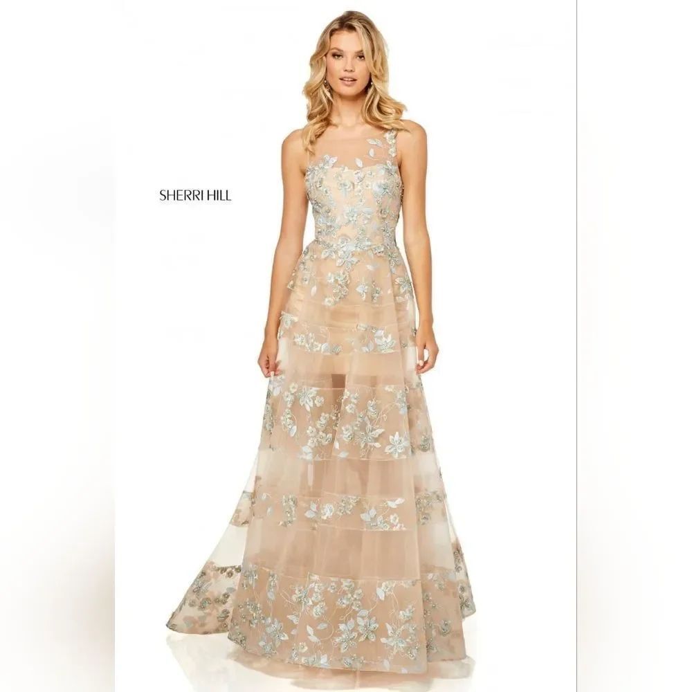 NWT Sherri Hill Floral Applique A Line Gown Dress Nude Size 00